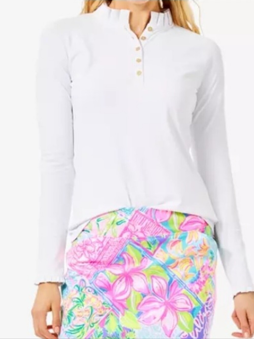 Lilly Pulitzer Luxletic Hutton Ruffled Long Sleeve Golf Polo Shirt